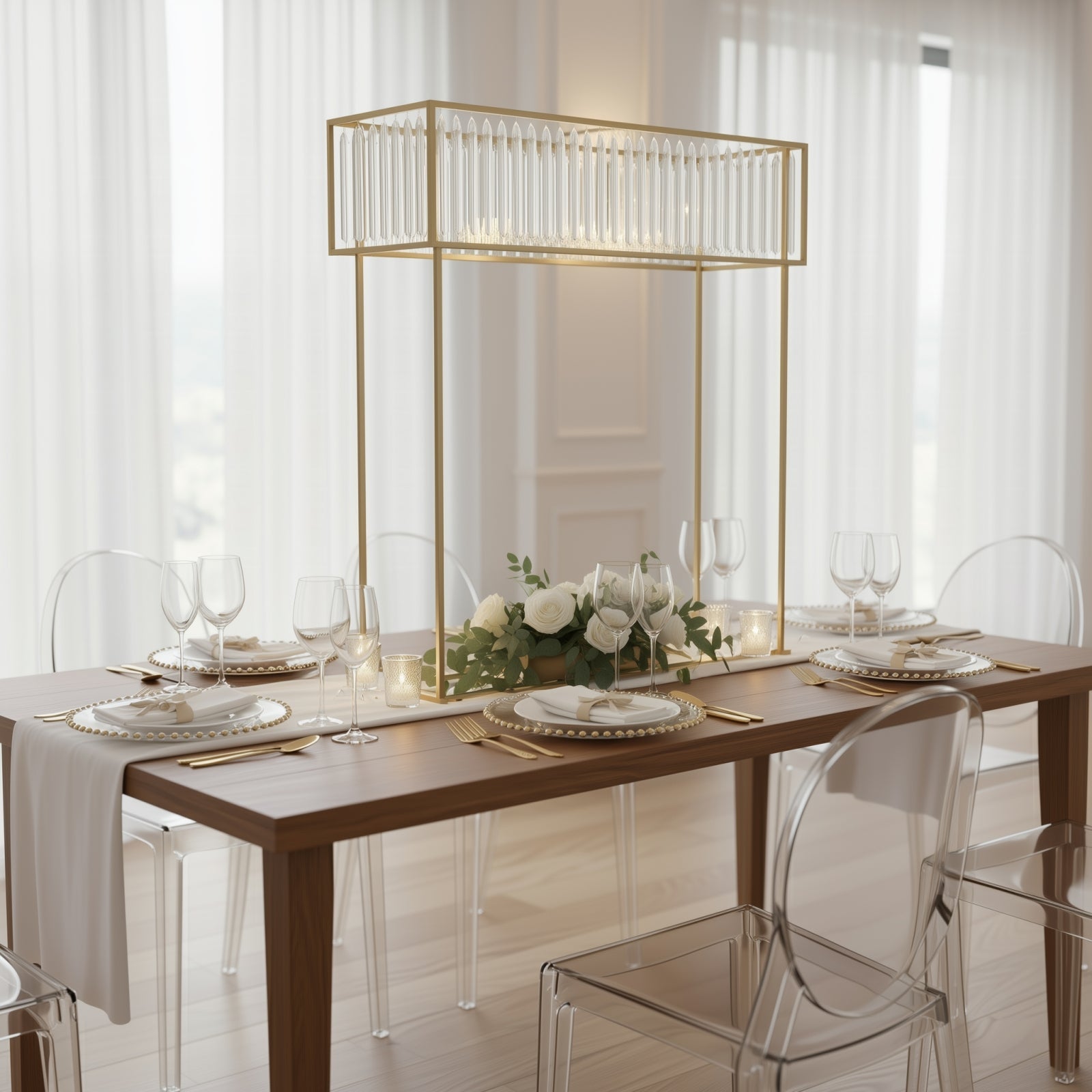 Gold Crystal Pendant Flower Stand, Metal Centerpiece Vase – 48" Tall Rectangular Display Rack