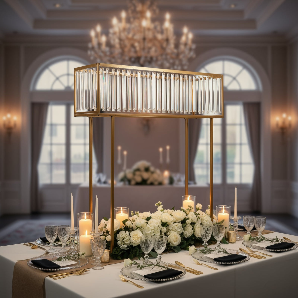 Gold Crystal Pendant Flower Stand, Metal Centerpiece Vase – 48" Tall Rectangular Display Rack