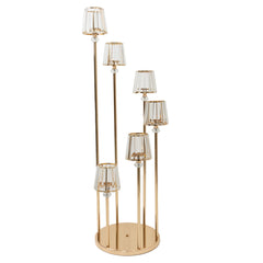 Crystal Pendant 6-Arm Cluster Candelabra Candle Holder, 4ft Gold Metal Candle Stand with Round Base