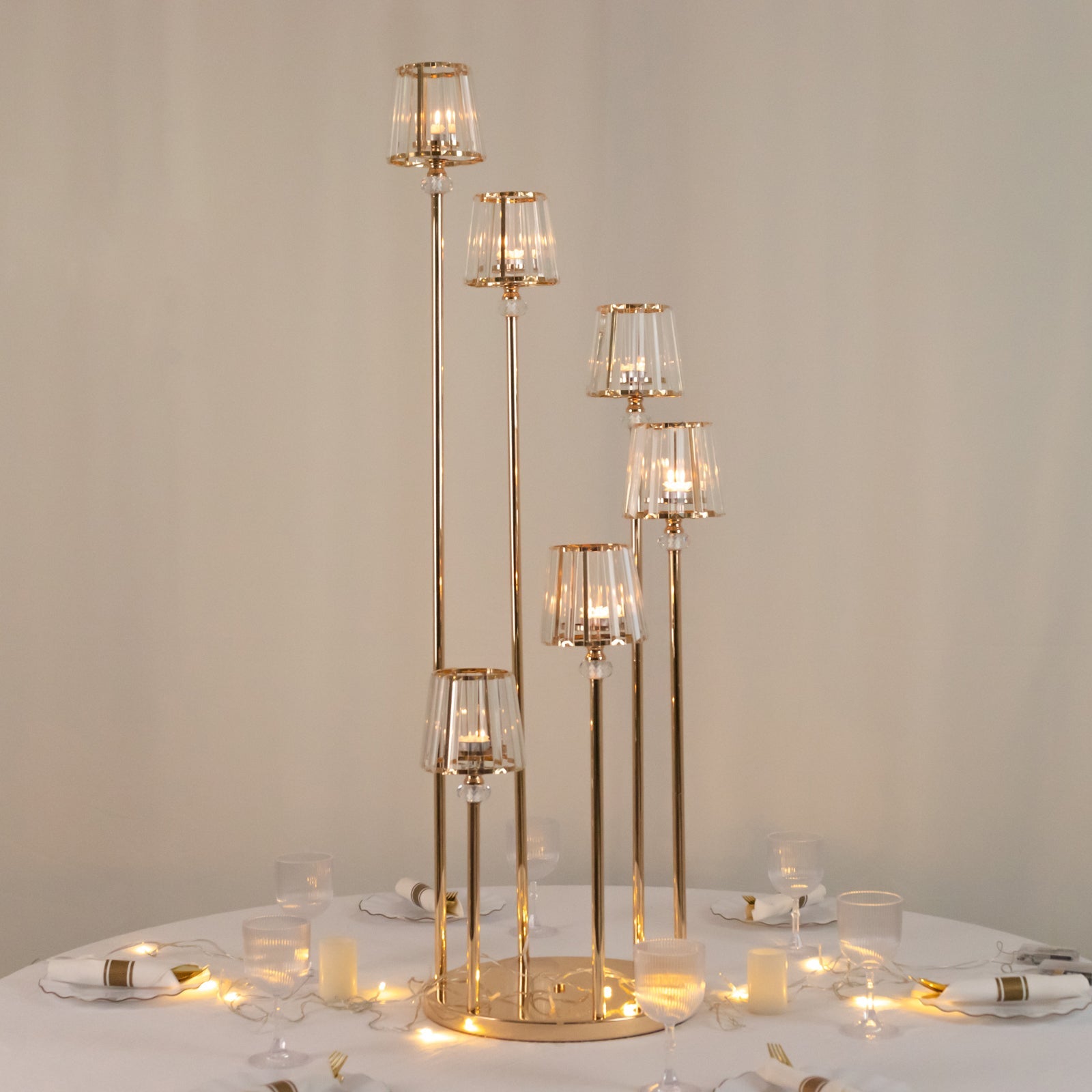 Crystal Pendant 6-Arm Cluster Candelabra Candle Holder, 4ft Gold Metal Candle Stand with Round Base