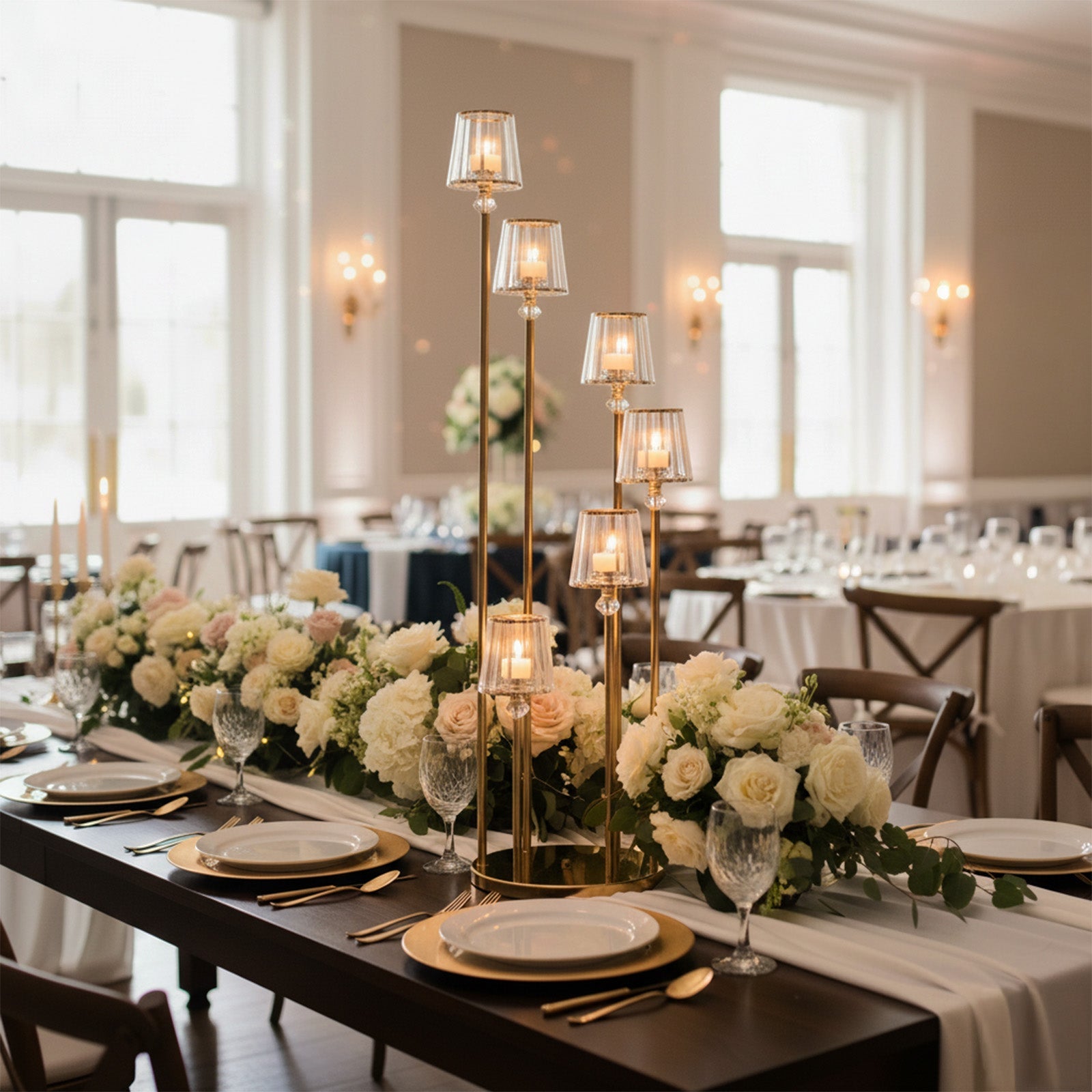 Crystal Pendant 6-Arm Cluster Candelabra Candle Holder, 4ft Gold Metal Candle Stand with Round Base