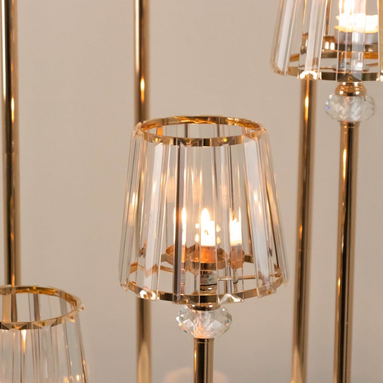 Crystal Pendant 6-Arm Cluster Candelabra Candle Holder, 4ft Gold Metal Candle Stand with Round Base