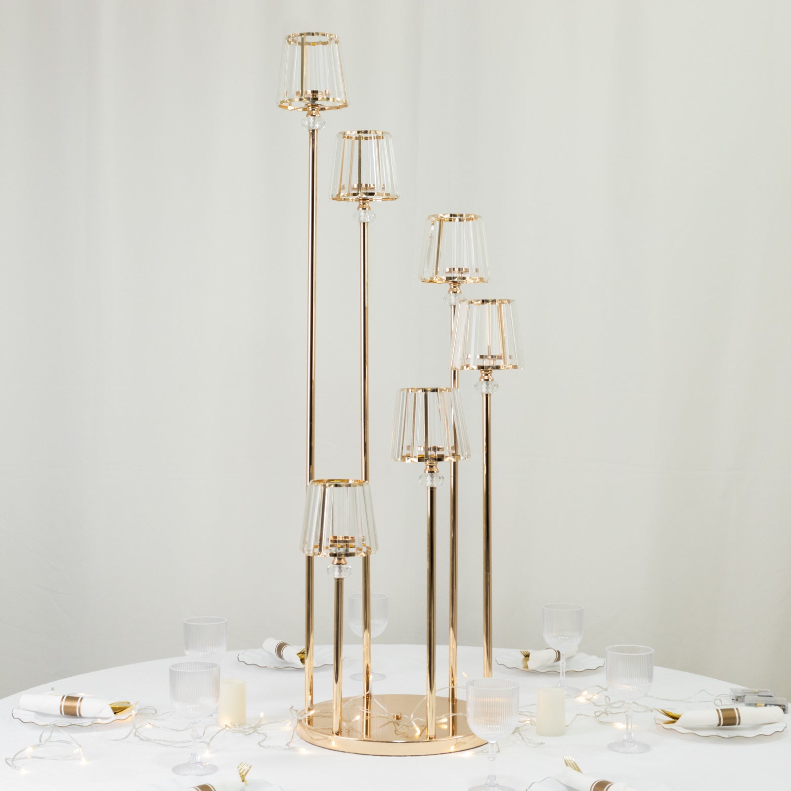 Crystal Pendant 6-Arm Cluster Candelabra Candle Holder, 4ft Gold Metal Candle Stand with Round Base