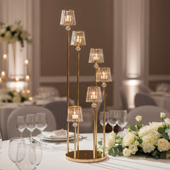 Crystal Pendant 6-Arm Cluster Candelabra Candle Holder, 4ft Gold Metal Candle Stand with Round Base