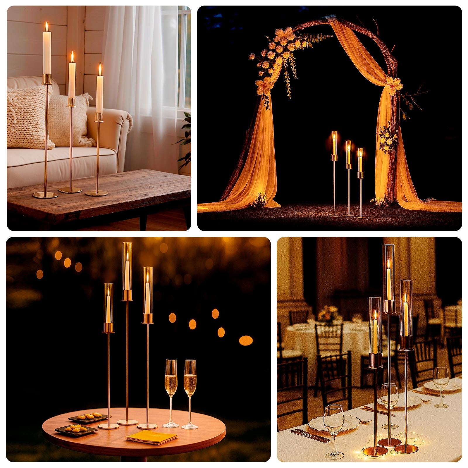 Gold Metal Taper Candle Holders with Hurricane Glass Shades, Set of 3 – Modern Minimalist Candlestick Stands – 28", 32", 36"