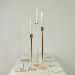 Gold Metal Taper Candle Holders with Hurricane Glass Shades, Set of 3 – Modern Minimalist Candlestick Stands – 28", 32", 36"