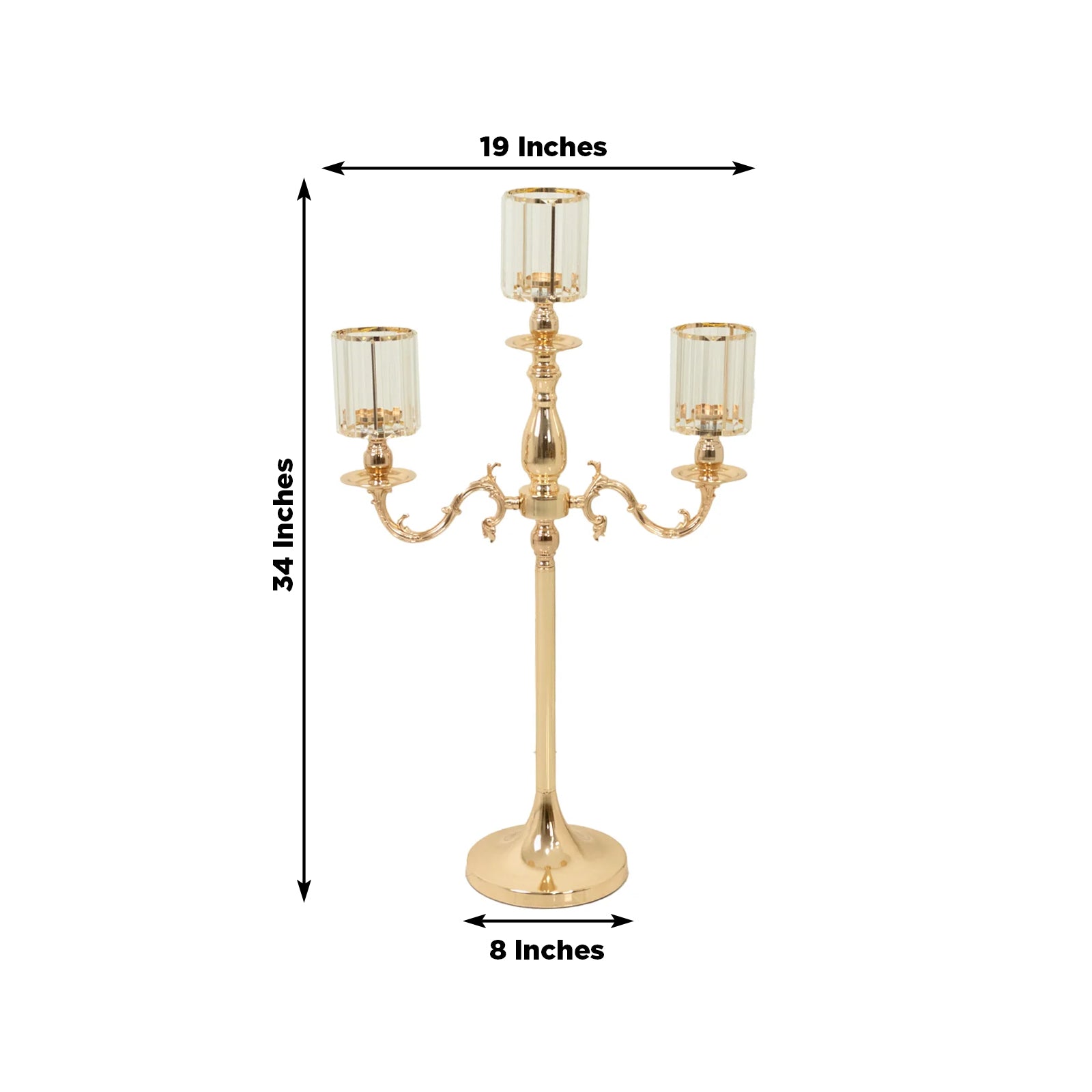 Gold Metal 3-Arm Candelabra with Crystal Pendant Glass Shades – 34" Tall Candle Holder for Pillar, LED, and Flameless Candles
