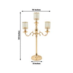 Gold Metal 3-Arm Candelabra with Crystal Pendant Glass Shades – 34" Tall Candle Holder for Pillar, LED, and Flameless Candles