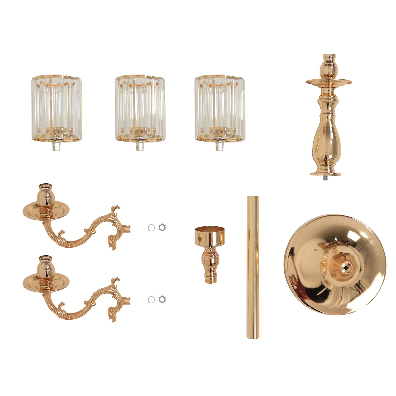 Gold Metal 3-Arm Candelabra with Crystal Pendant Glass Shades – 34" Tall Candle Holder for Pillar, LED, and Flameless Candles