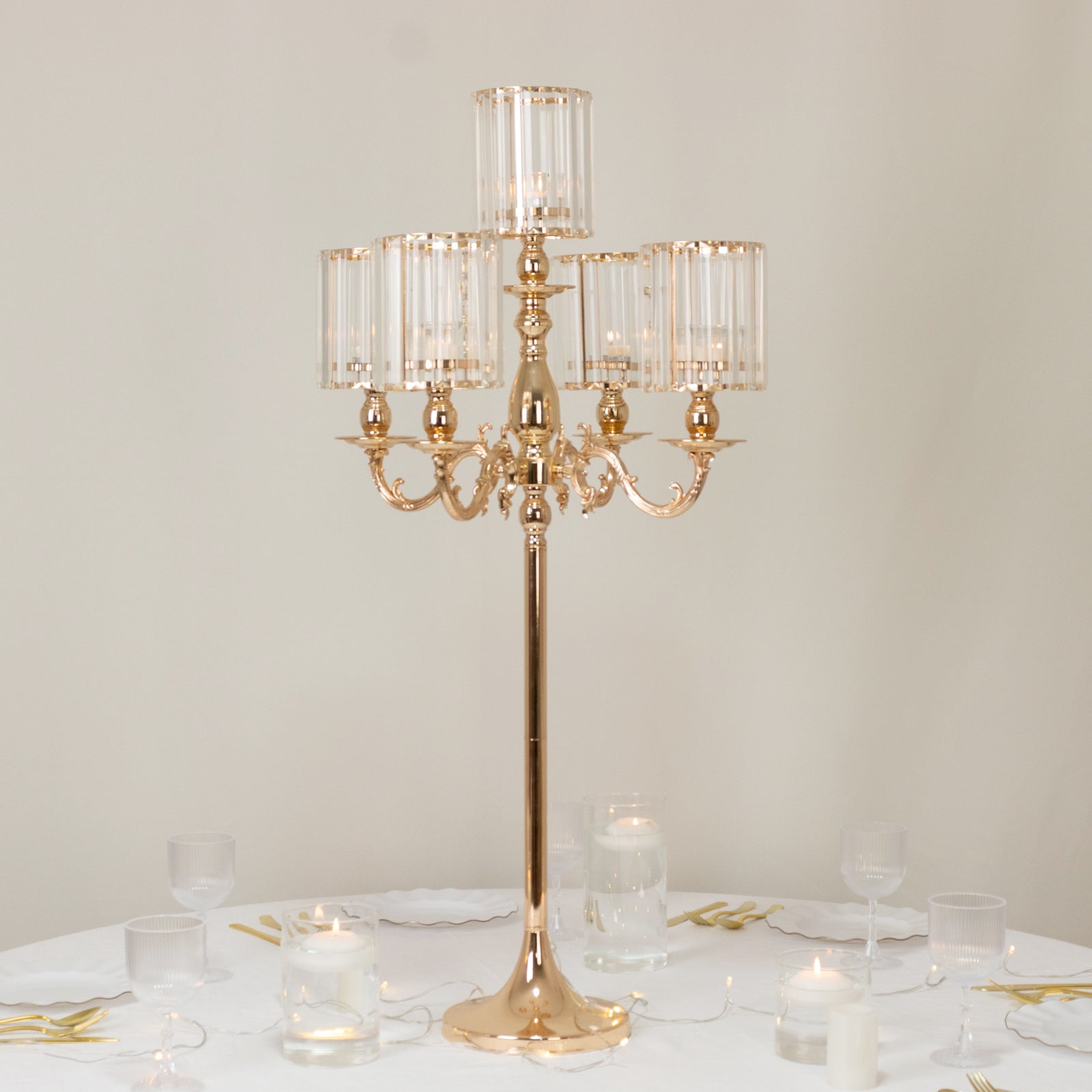 Gold Metal 5-Arm Candelabra with Crystal Pendant Glass Shades – 40" Tall Candle Holder for Pillar, LED, and Flameless Candles