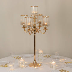 Gold Metal 5-Arm Candelabra with Crystal Pendant Glass Shades – 40" Tall Candle Holder for Pillar, LED, and Flameless Candles