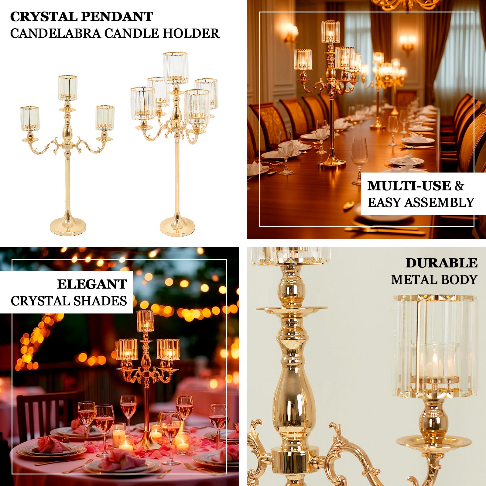 Gold Metal 3-Arm Candelabra with Crystal Pendant Glass Shades – 34" Tall Candle Holder for Pillar, LED, and Flameless Candles