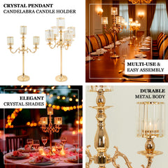 Gold Metal 3-Arm Candelabra with Crystal Pendant Glass Shades – 34" Tall Candle Holder for Pillar, LED, and Flameless Candles