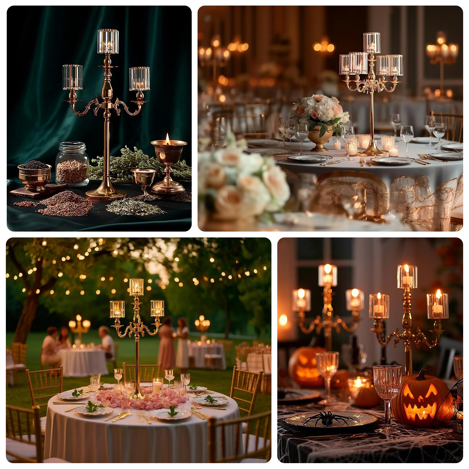 Gold Metal 5-Arm Candelabra with Crystal Pendant Glass Shades – 40" Tall Candle Holder for Pillar, LED, and Flameless Candles