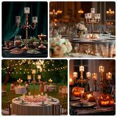 Gold Metal 3-Arm Candelabra with Crystal Pendant Glass Shades – 34" Tall Candle Holder for Pillar, LED, and Flameless Candles