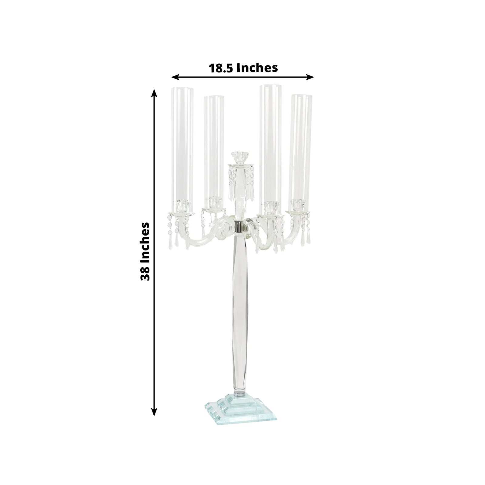 Crystal Candelabra Taper Candle Holder with Hurricane Glass Shades – Elegant Table Centerpiece with Pedestal Base & Hanging Crystal Accents - 38" Tall