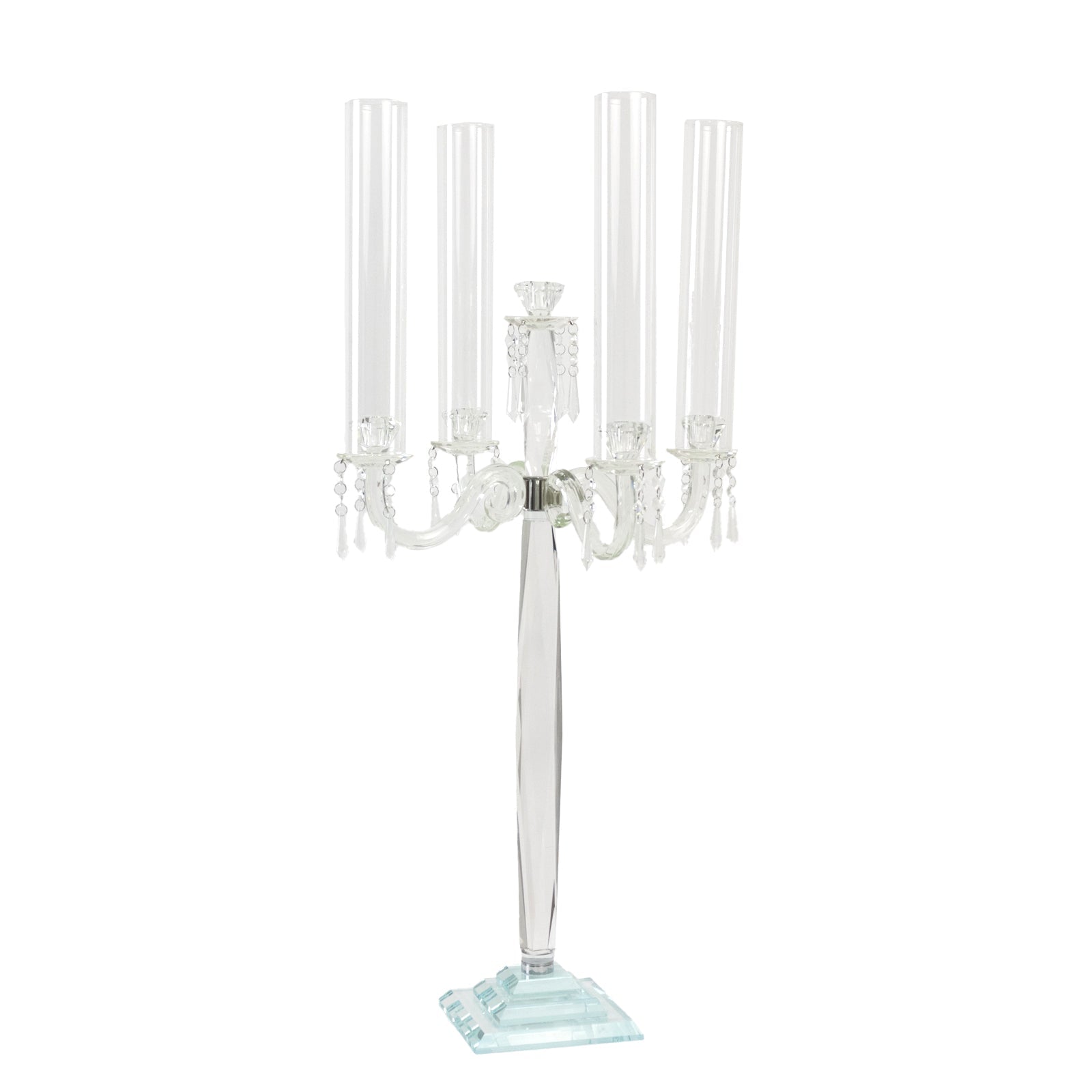 Crystal Candelabra Taper Candle Holder with Hurricane Glass Shades – Elegant Table Centerpiece with Pedestal Base & Hanging Crystal Accents - 38" Tall