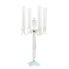 Crystal Candelabra Taper Candle Holder with Hurricane Glass Shades – Elegant Table Centerpiece with Pedestal Base & Hanging Crystal Accents - 38" Tall