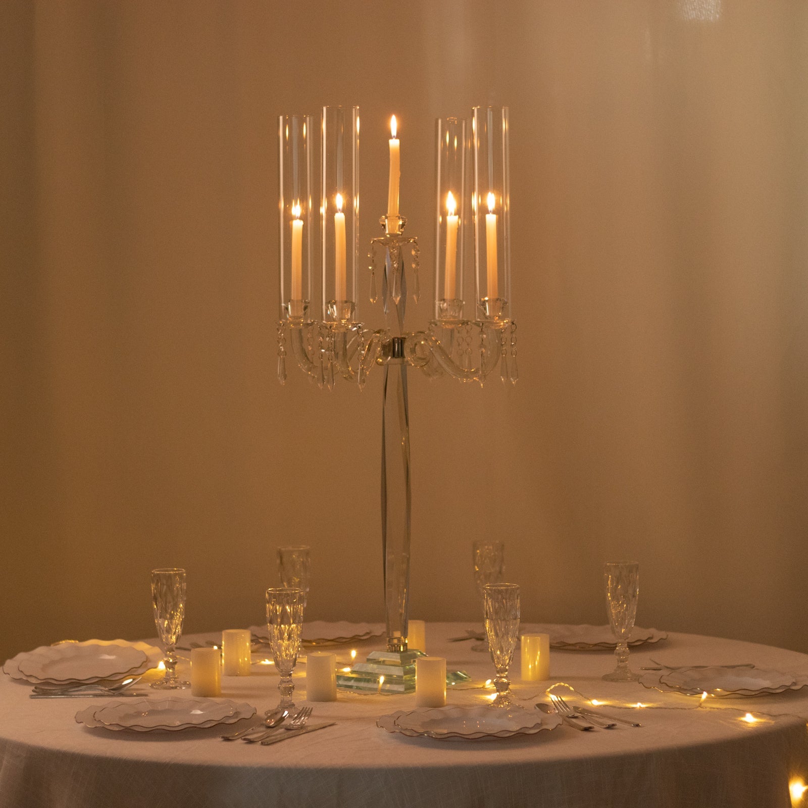 Crystal Candelabra Taper Candle Holder with Hurricane Glass Shades – Elegant Table Centerpiece with Pedestal Base & Hanging Crystal Accents - 38" Tall