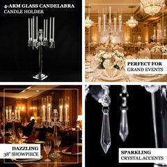 Crystal Candelabra Taper Candle Holder with Hurricane Glass Shades – Elegant Table Centerpiece with Pedestal Base & Hanging Crystal Accents - 38" Tall