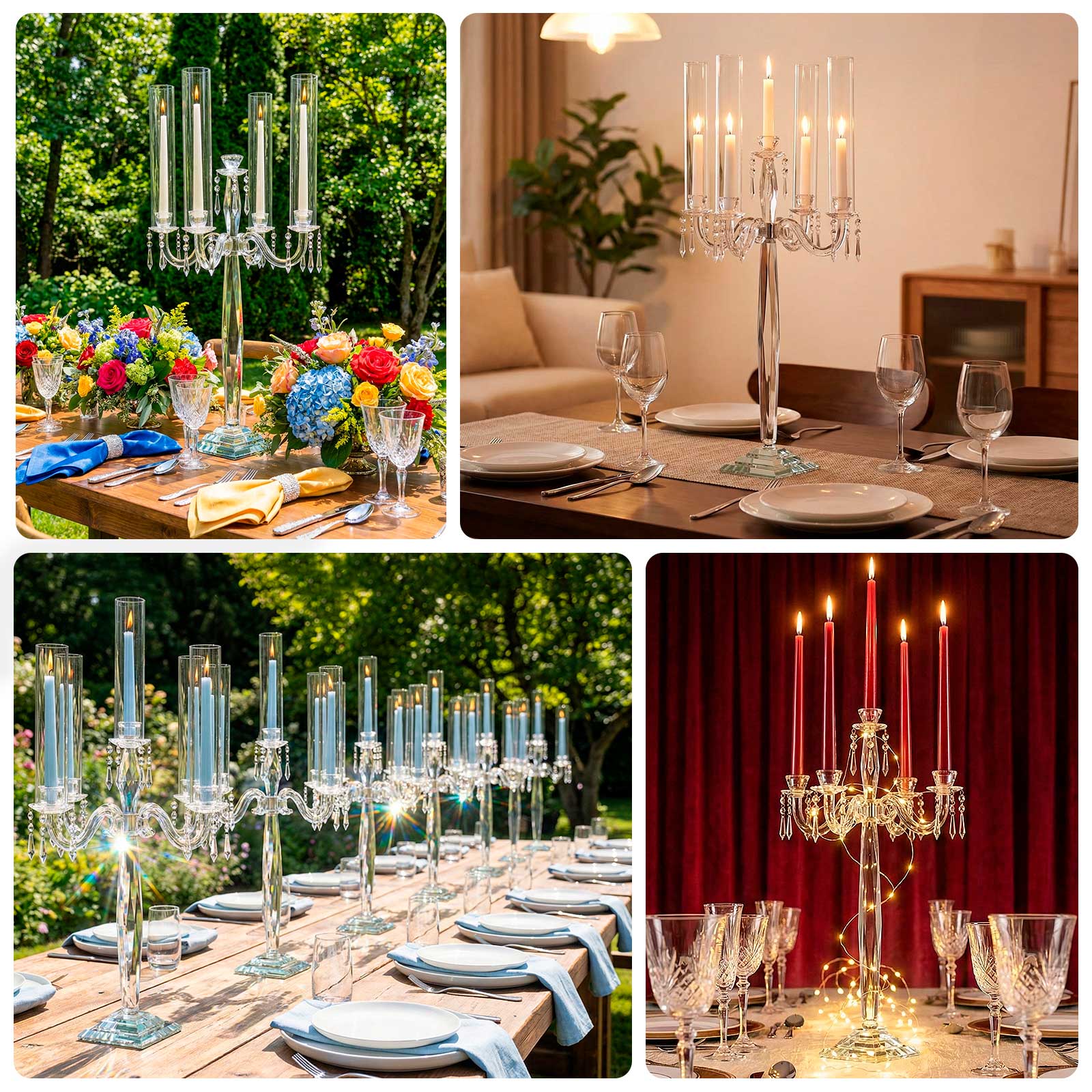 Crystal Candelabra Taper Candle Holder with Hurricane Glass Shades – Elegant Table Centerpiece with Pedestal Base & Hanging Crystal Accents - 38" Tall