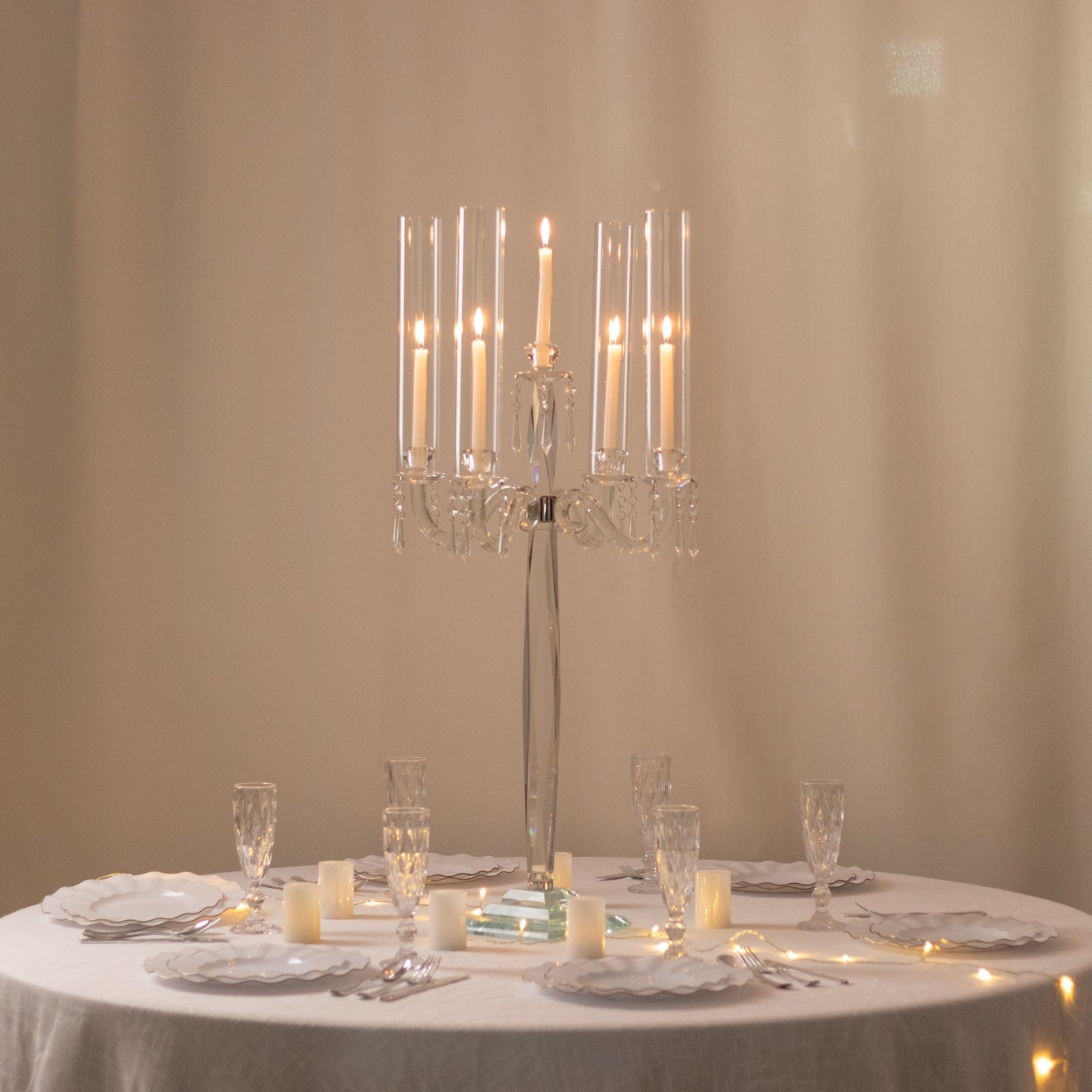 Crystal Candelabra Taper Candle Holder with Hurricane Glass Shades – Elegant Table Centerpiece with Pedestal Base & Hanging Crystal Accents - 38" Tall