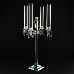 Crystal Candelabra Taper Candle Holder with Hurricane Glass Shades – Elegant Table Centerpiece with Pedestal Base & Hanging Crystal Accents - 38" Tall