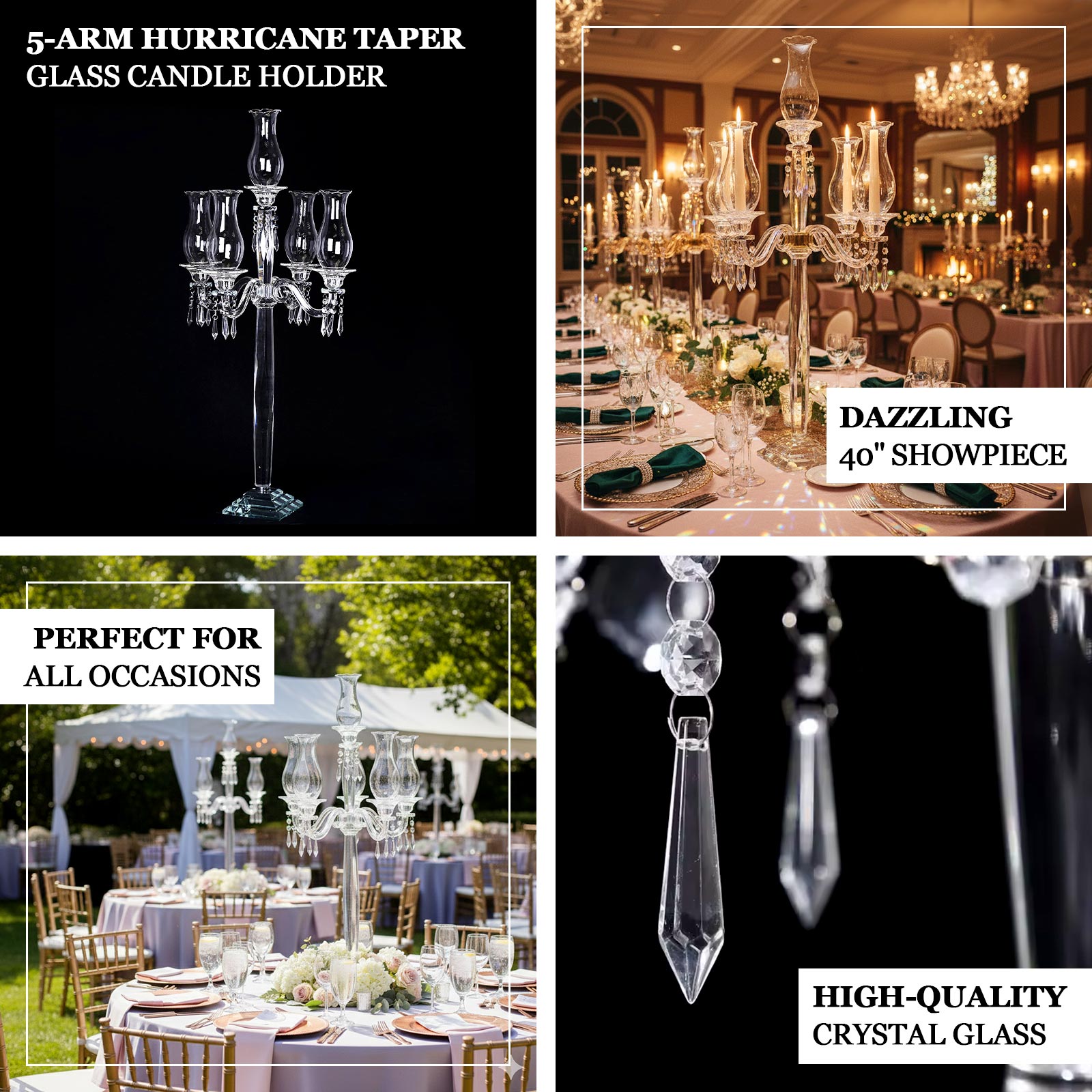 5 Arm Crystal Glass Taper Candle Holder Candelabra, Luxurious Table Centerpiece With Chandelier Chains 40"