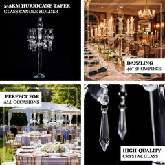 5 Arm Crystal Glass Taper Candle Holder Candelabra, Luxurious Table Centerpiece With Chandelier Chains 40"