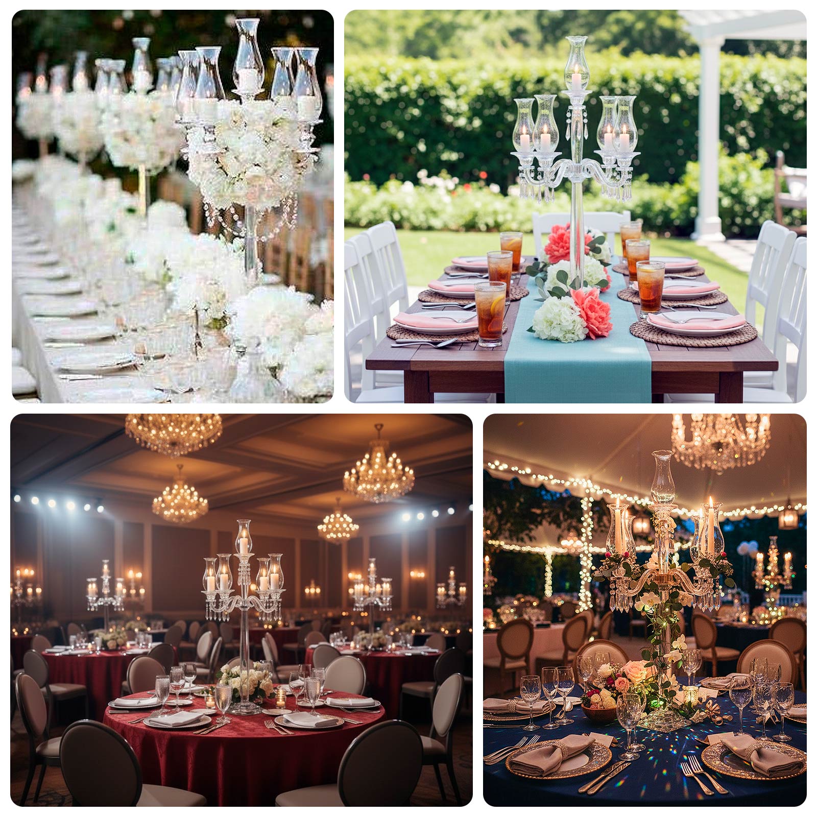 5 Arm Crystal Glass Taper Candle Holder Candelabra, Luxurious Table Centerpiece With Chandelier Chains 40"