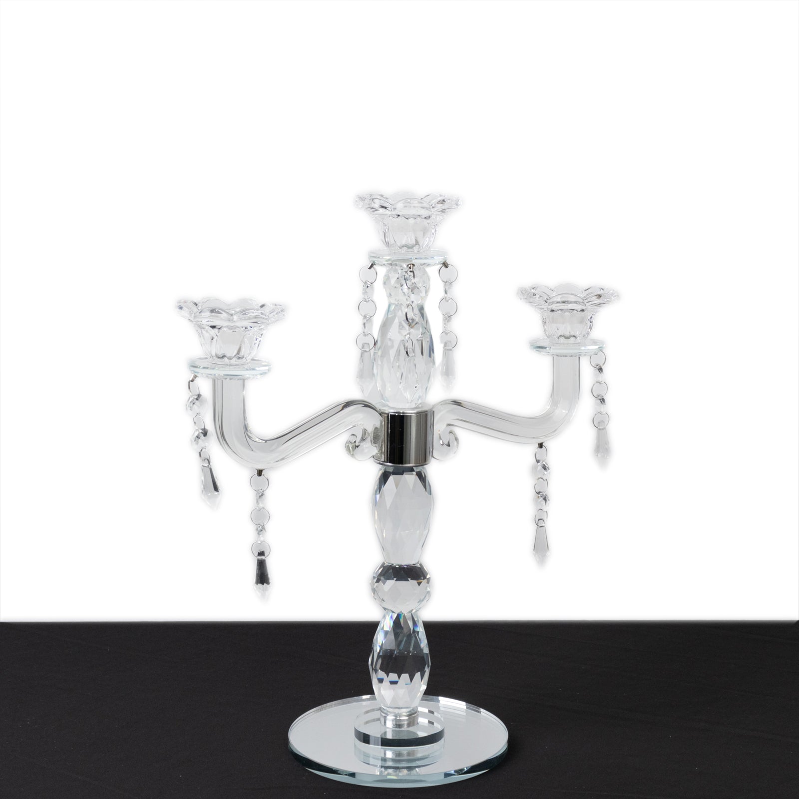 Crystal Taper Candle Holder with 3 Arms & Hanging Pendants – Elegant Table Centerpiece, 14"