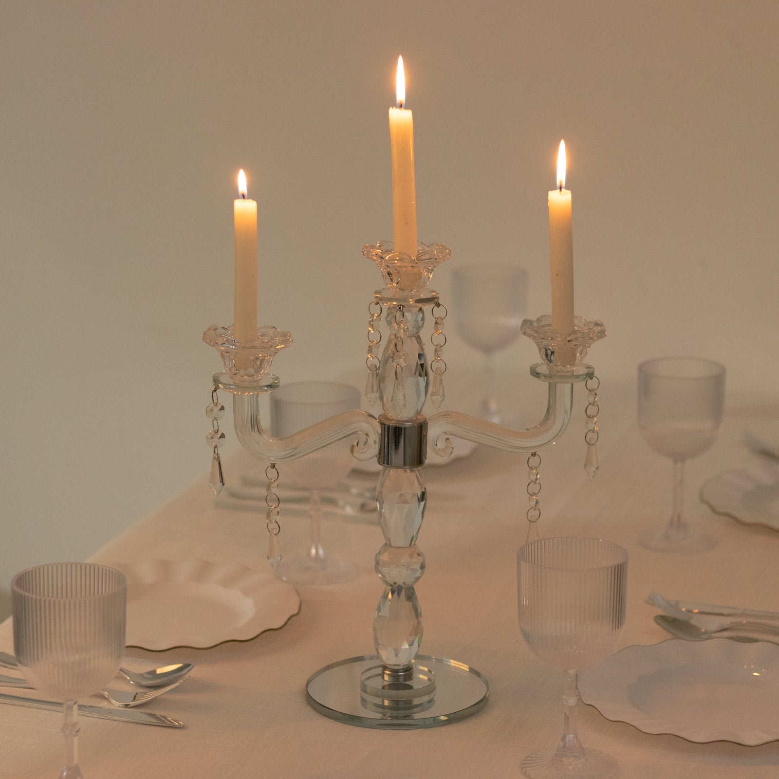 Crystal Taper Candle Holder with 3 Arms & Hanging Pendants – Elegant Table Centerpiece, 14"