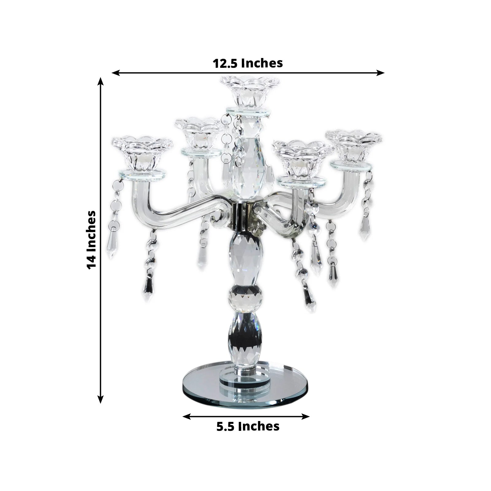 Crystal Taper Candle Holder with 5 Arms & Hanging Pendants – Elegant Table Centerpiece, 14"