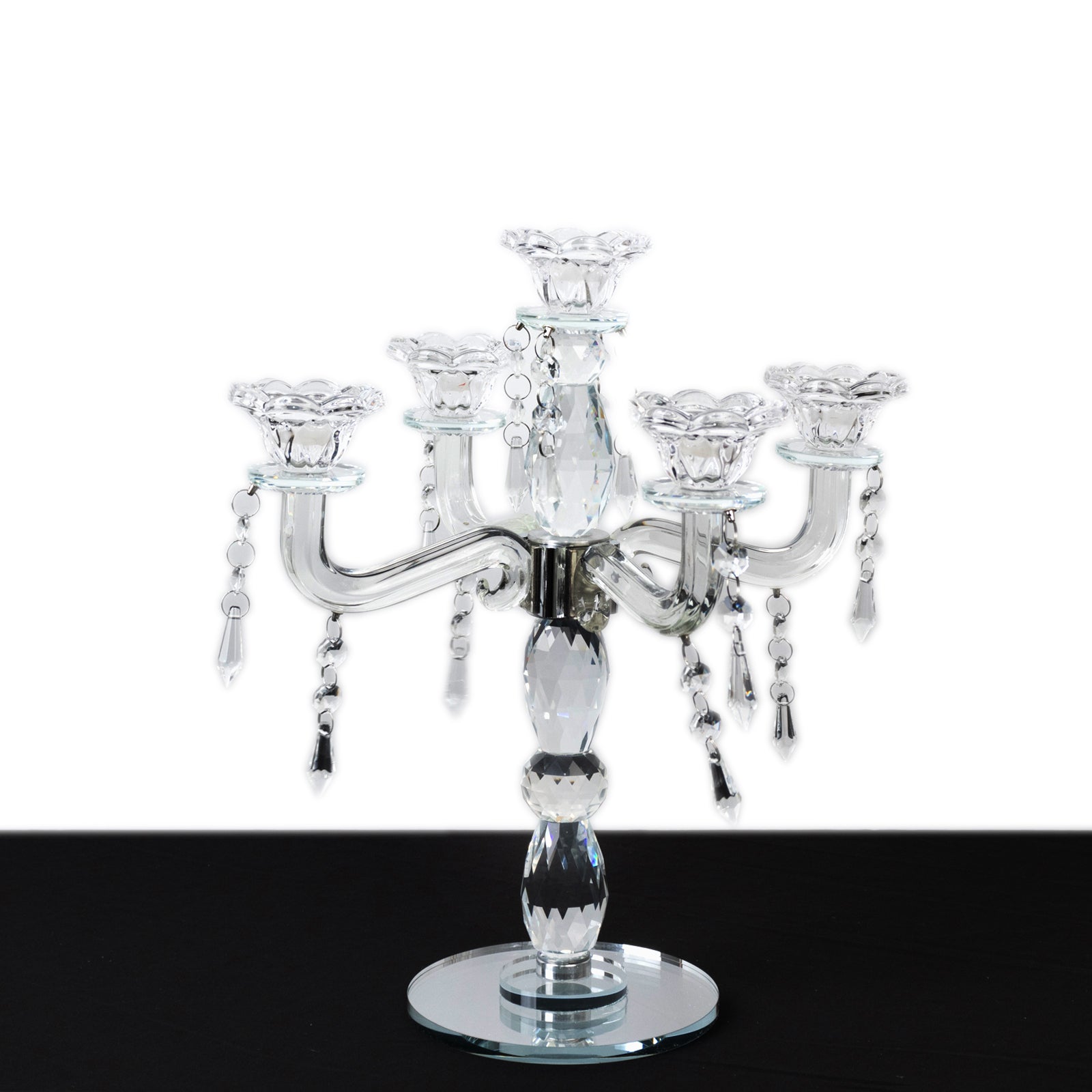 Crystal Taper Candle Holder with 5 Arms & Hanging Pendants – Elegant Table Centerpiece, 14"