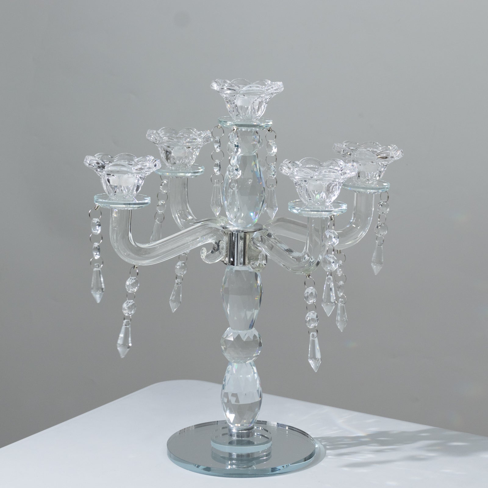 Crystal Taper Candle Holder with 5 Arms & Hanging Pendants – Elegant Table Centerpiece, 14"