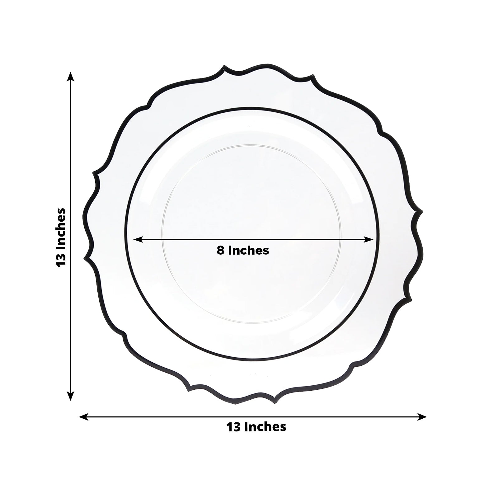 10-Pack Economy Plastic Round Charger Plates 13" in Clear with Black Scalloped Rim, Decorative Dinner Party Serving Plates