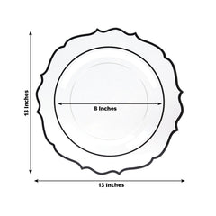 10-Pack Economy Plastic Round Charger Plates 13" in Clear with Black Scalloped Rim, Decorative Dinner Party Serving Plates