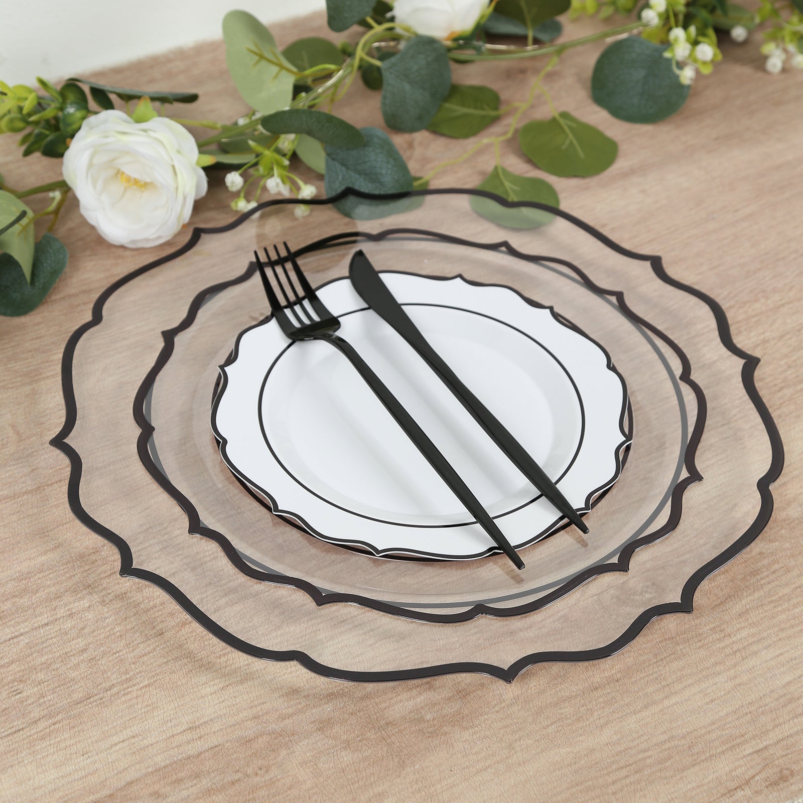 10-Pack Economy Plastic Round Charger Plates 13" in Clear with Black Scalloped Rim, Decorative Dinner Party Serving Plates