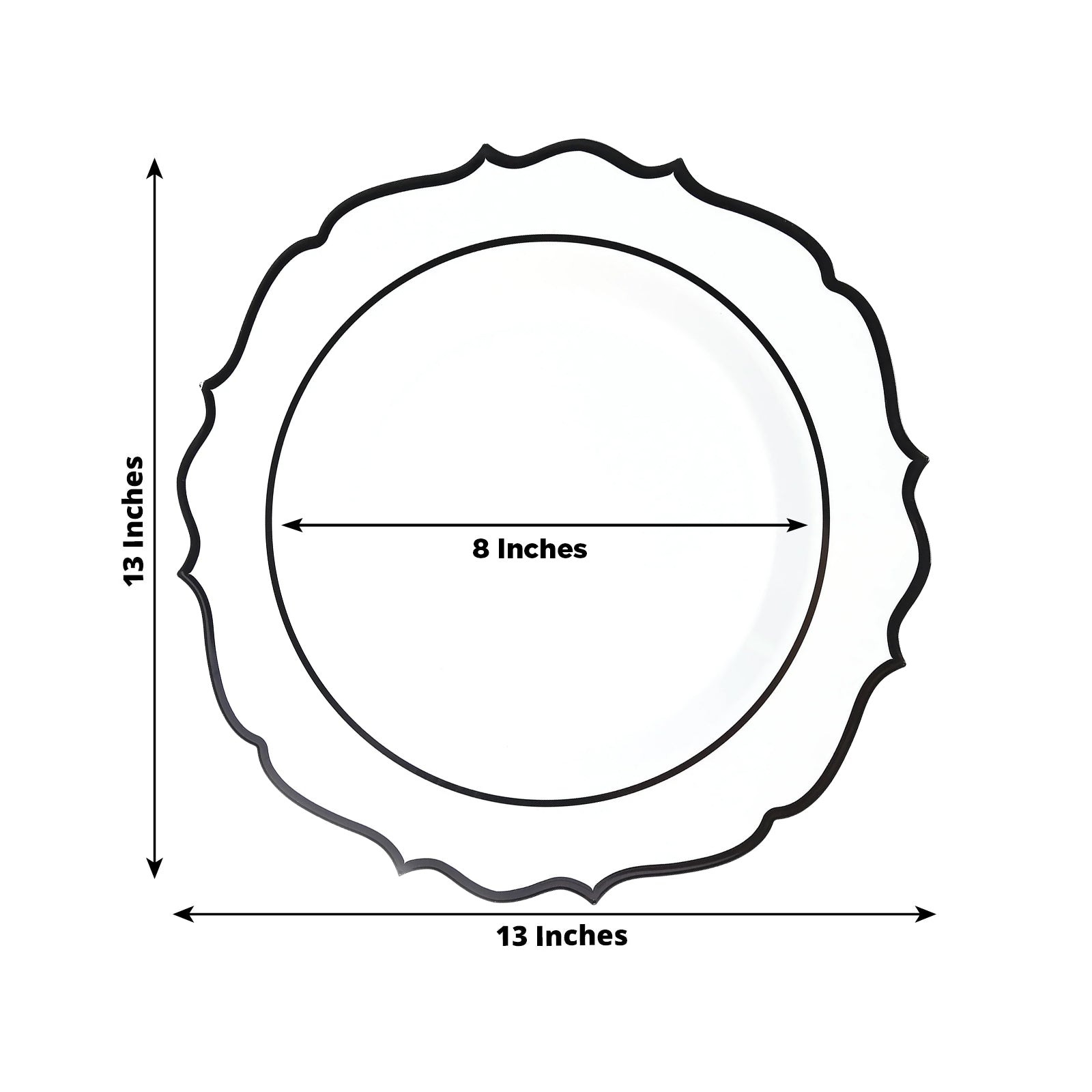 10-Pack Economy Plastic Round Charger Plates 13" in White with Black Scalloped Rim, Decorative Dinner Party Serving Plates