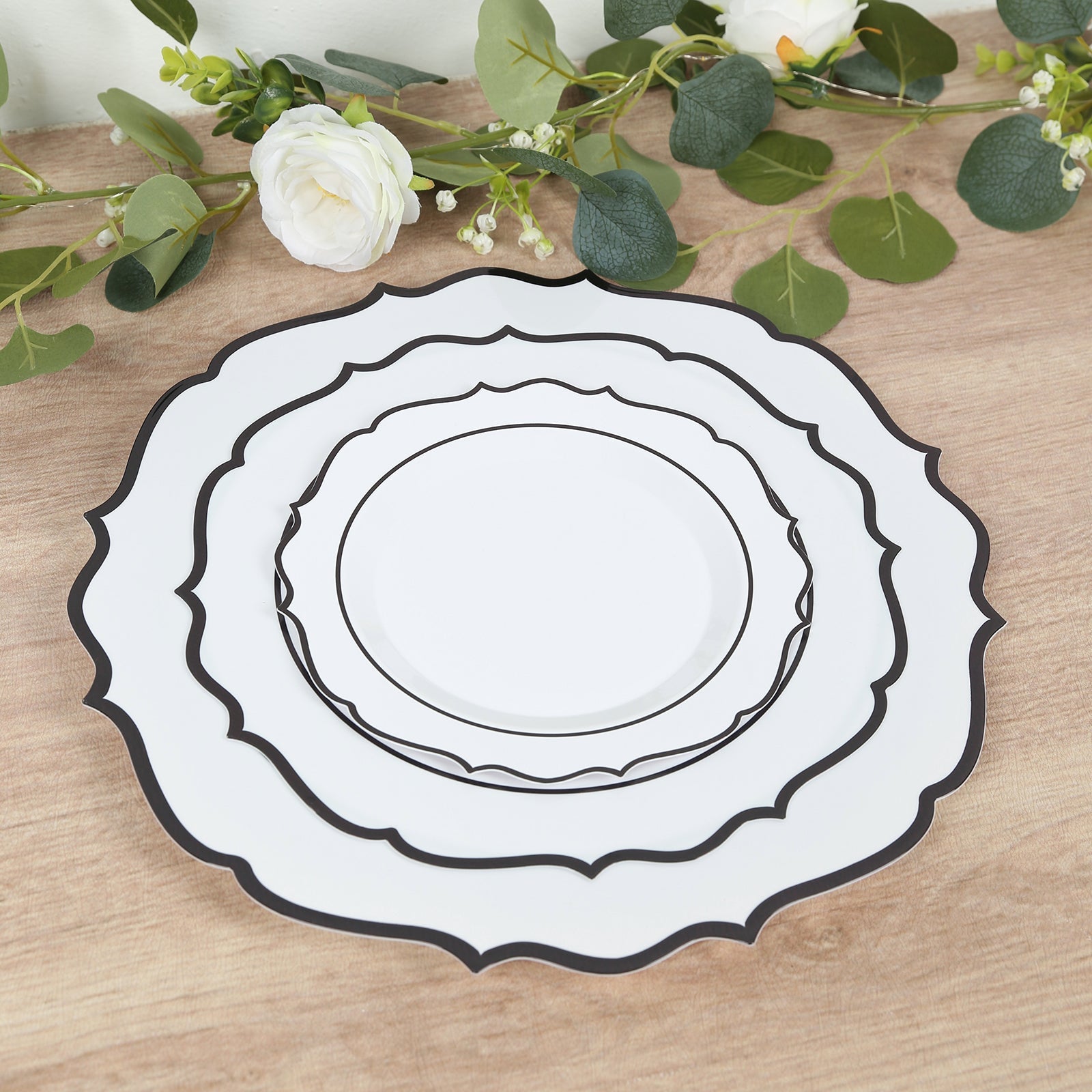 10-Pack Economy Plastic Round Charger Plates 13" in White with Black Scalloped Rim, Decorative Dinner Party Serving Plates