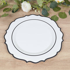 10-Pack Economy Plastic Round Charger Plates 13" in White with Black Scalloped Rim, Decorative Dinner Party Serving Plates