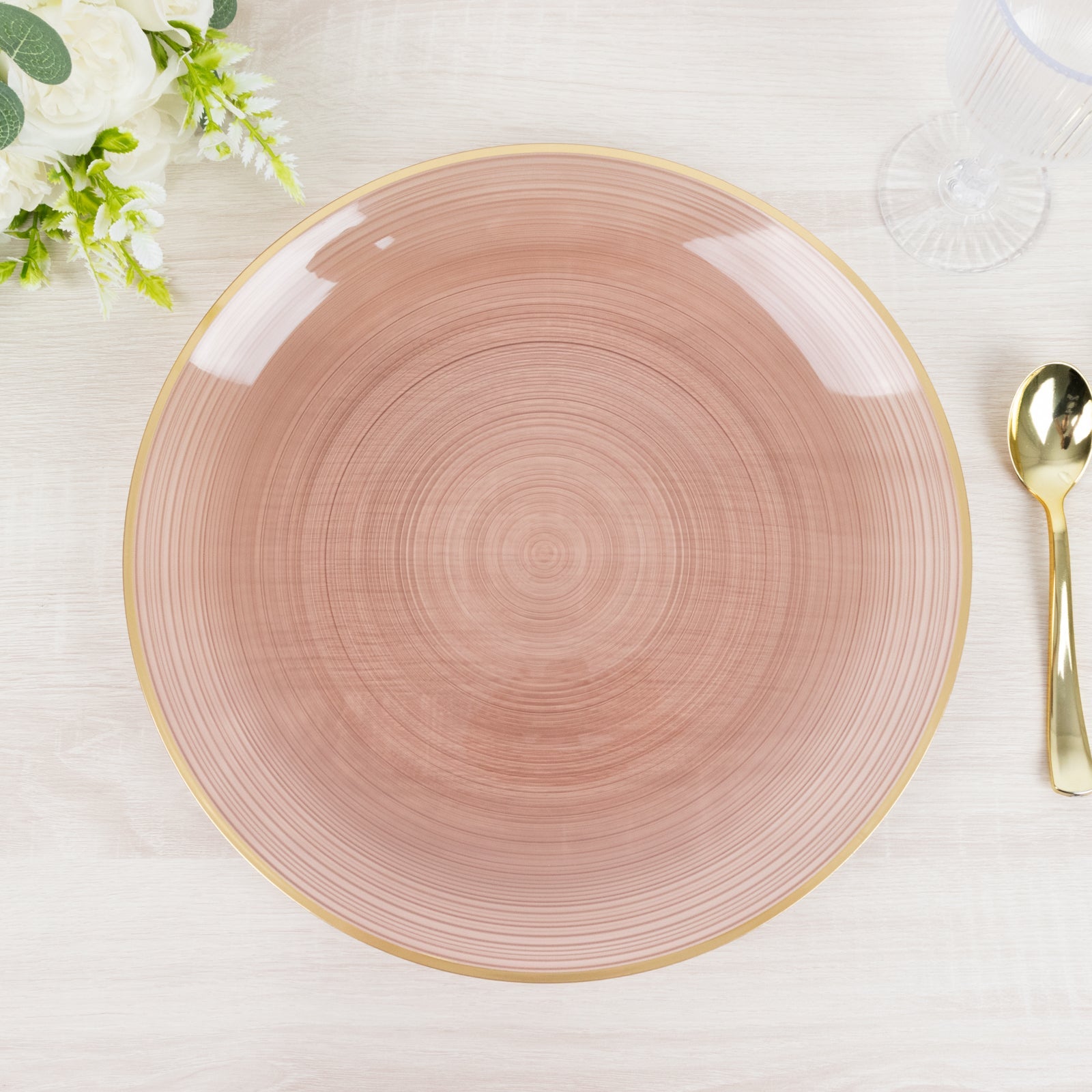 20 Pack 13" Economy Plastic Charger Plates – Transparent Dusty Rose Swirl Design with Gold Rim, Stylish Table Chargers