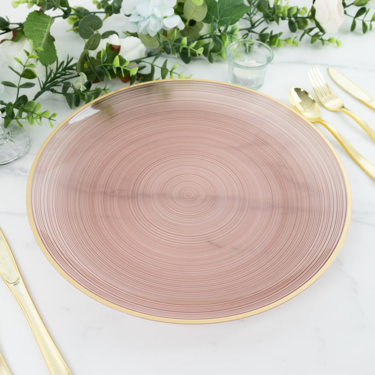 20 Pack 13" Economy Plastic Charger Plates – Transparent Dusty Rose Swirl Design with Gold Rim, Stylish Table Chargers