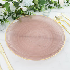 20 Pack 13" Economy Plastic Charger Plates – Transparent Dusty Rose Swirl Design with Gold Rim, Stylish Table Chargers