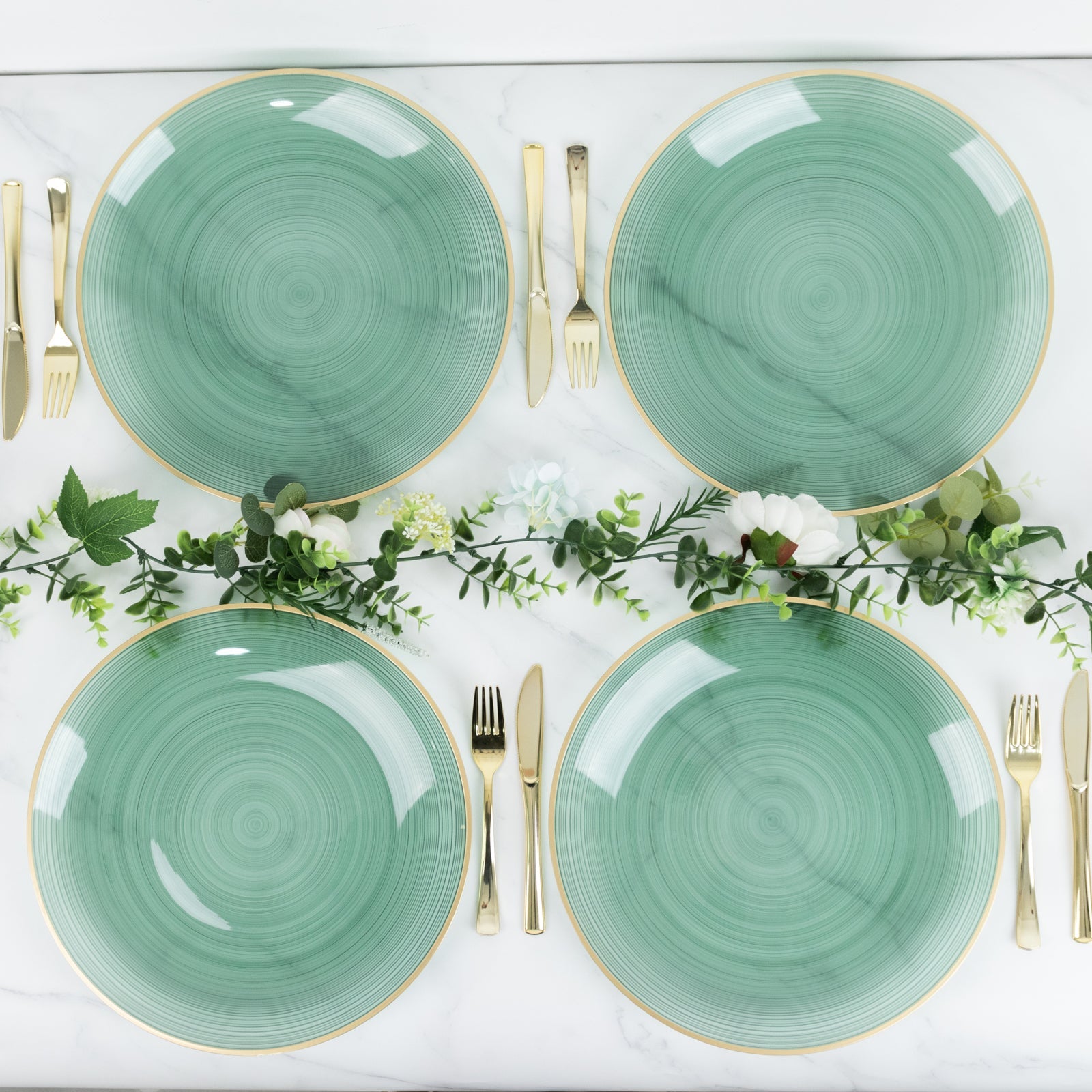 20 Pack 13" Economy Plastic Charger Plates – Transparent Dusty Sage Green Swirl Design with Gold Rim, Stylish Table Chargers