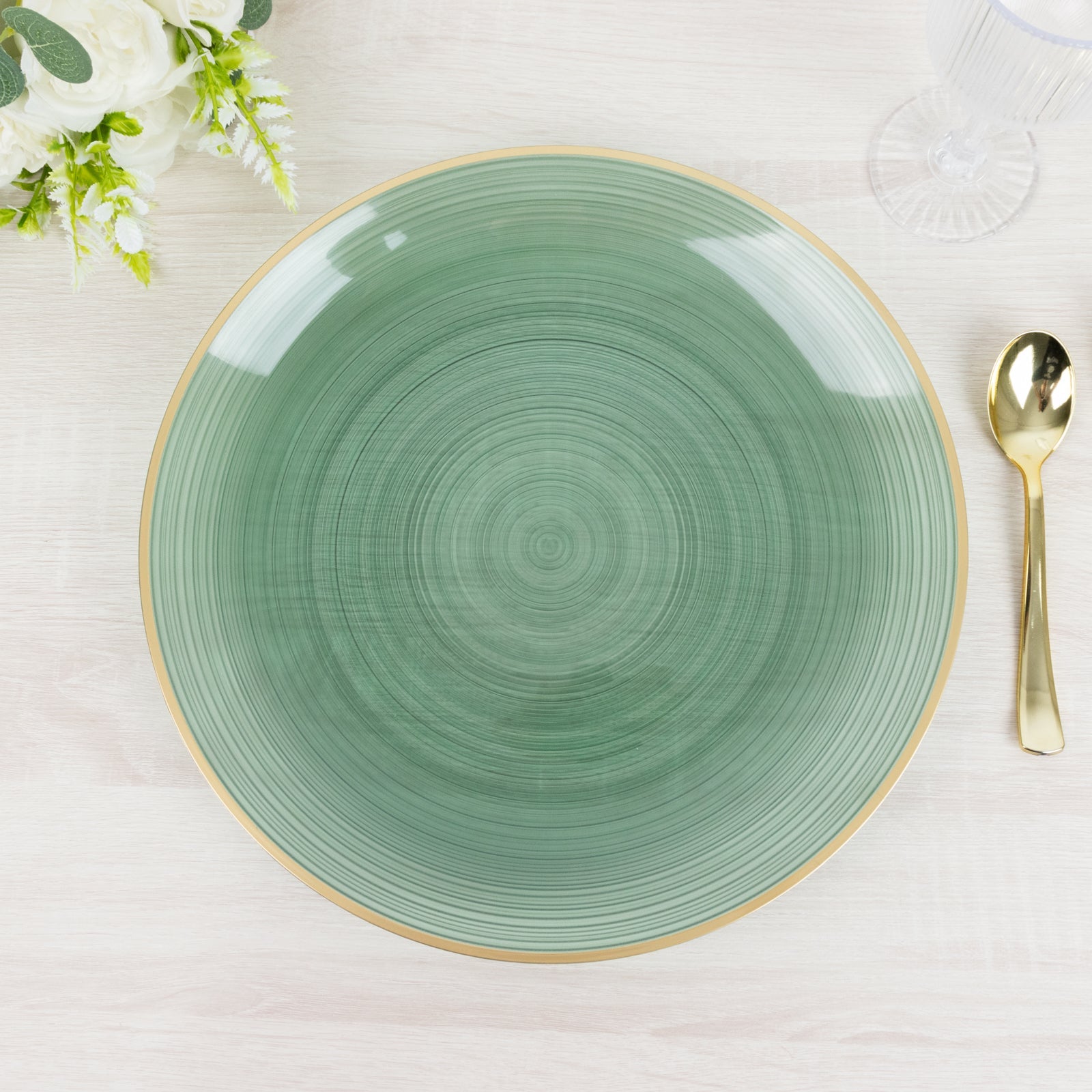 20 Pack 13" Economy Plastic Charger Plates – Transparent Dusty Sage Green Swirl Design with Gold Rim, Stylish Table Chargers