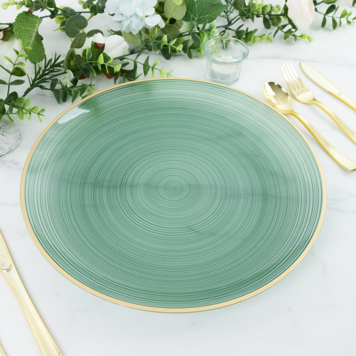 20 Pack 13" Economy Plastic Charger Plates – Transparent Dusty Sage Green Swirl Design with Gold Rim, Stylish Table Chargers