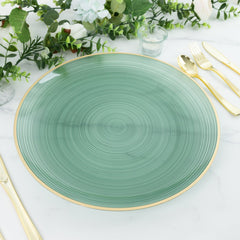 20 Pack 13" Economy Plastic Charger Plates – Transparent Dusty Sage Green Swirl Design with Gold Rim, Stylish Table Chargers