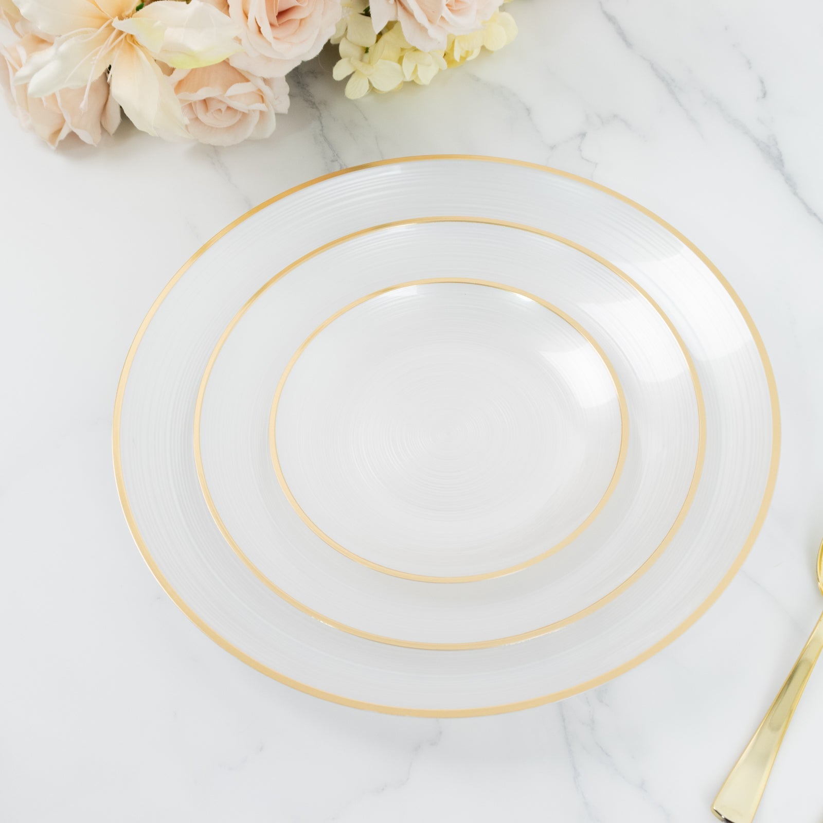 20 Pack 13" Economy Plastic Charger Plates – Transparent Pearl White Swirl Design with Gold Rim, Stylish Table Chargers