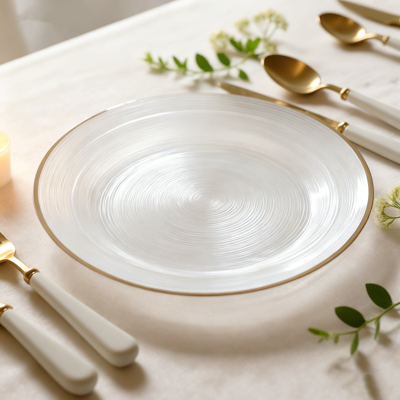 20 Pack 13" Economy Plastic Charger Plates – Transparent Pearl White Swirl Design with Gold Rim, Stylish Table Chargers